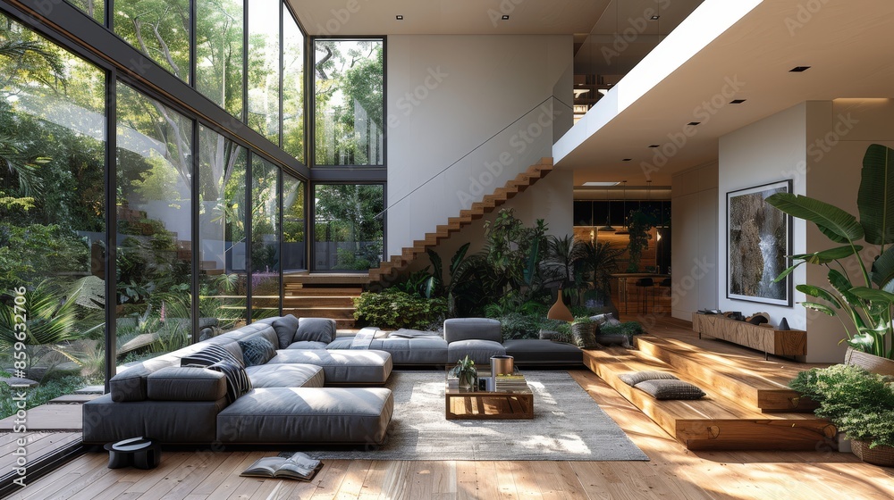 Wooden floor, large gray sofa, and stairs to the second floor: cozy house interior. Wooden floor, large gray sofa, and stairs to the second floor: cozy house interior.