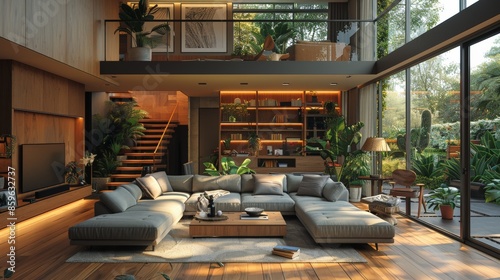 Cozy house interior with a wooden floor, large gray sofa, and stairs leading to the second floor. photo