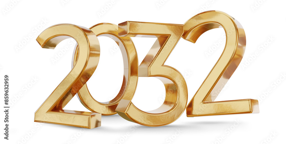 2032 golden metallic new year symbol, isolated, gold bold number as year, 3d-illustration 2032 golden metallic new year symbol, isolated, gold bold number as year, 3d-illustration