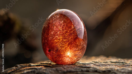 A shiny, round, reddish-orange gem sits on a textured surface with light reflecting off its smooth surface, creating a sparkling effect. photo
