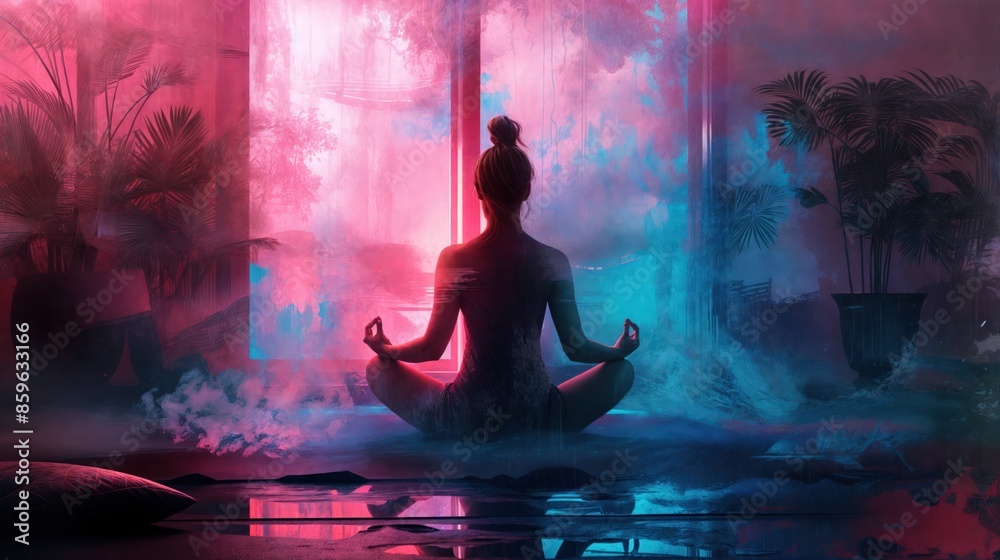 Woman meditates in softly lit room Woman meditates in softly lit room