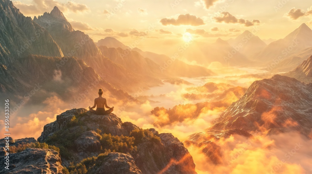 Figure does yoga on mountain at sunrise