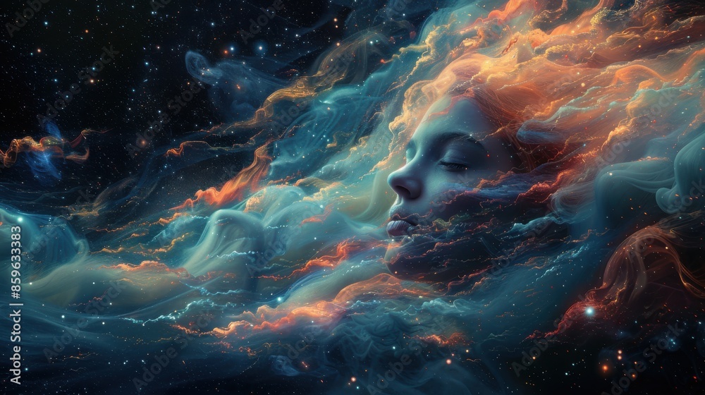 A serene woman's face appears to dissolve into vibrant and colorful nebula clouds, merging with the vast cosmos, creating an ethereal and dreamy representation of unity with the universe. A serene woman's face appears to dissolve into vibrant and colorful nebula clouds, merging with the vast cosmos, creating an ethereal and dreamy representation of unity with the universe.