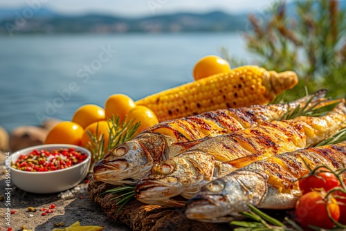 A lakeside food presentation with three grilled fish, corn, spices, and herbs, capturing the essence of outdoor dining with vibrant colors and a serene backdrop. photo