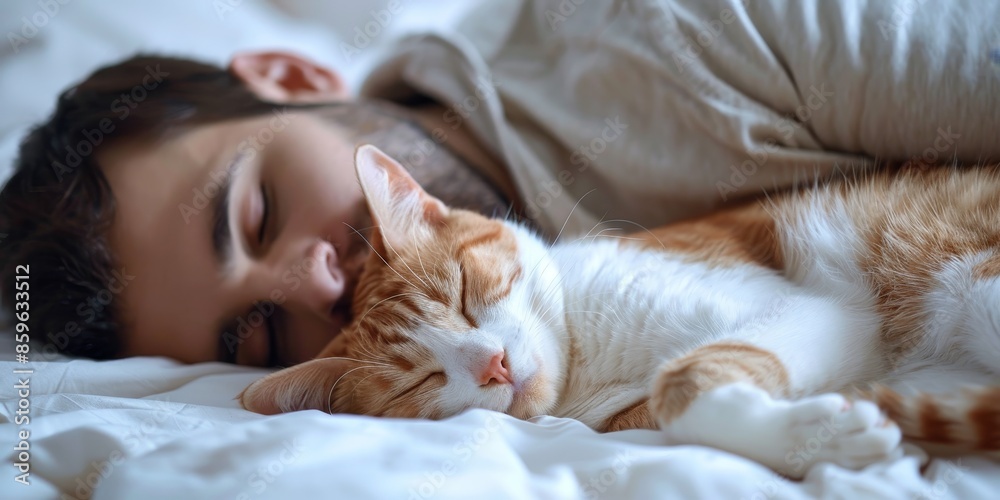 Young man and cat sleeping together on the bed Young man and cat sleeping together on the bed