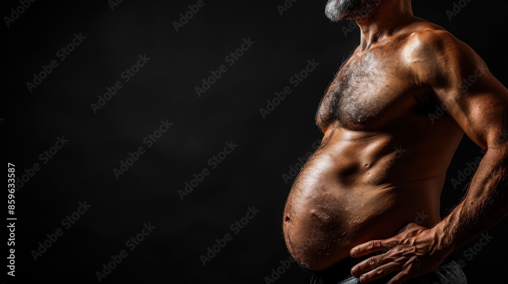 Naklejka premium A shirtless man with a prominent belly is seen in side profile, highlighting the curvature of his torso against a dark background. Strong lighting emphasizes his muscular build.