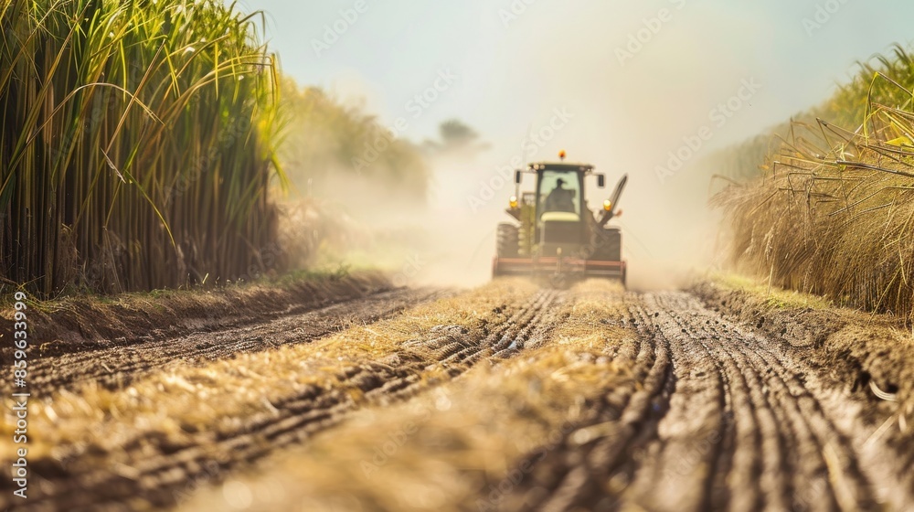 Fototapeta premium A field of rice with a tractor in the background