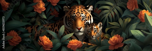 Illustration of an jaquar, leopard and her baby, father, mother and child, with tropical forest plants and flowers in the background. photo