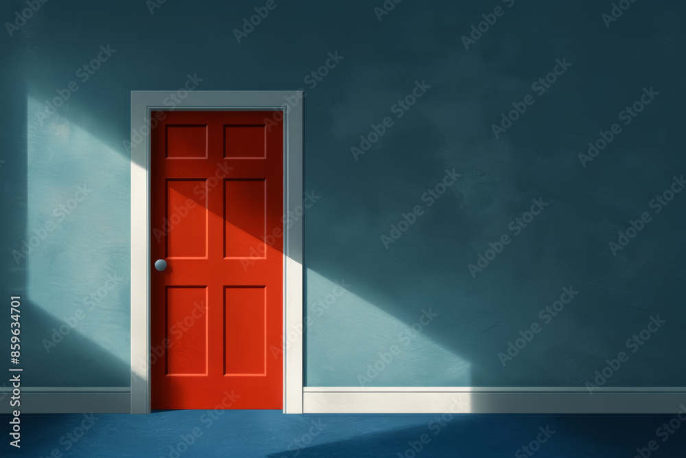 A vibrant red door in a minimalist interior setting with natural light, perfect for concepts of opportunity or new beginnings A vibrant red door in a minimalist interior setting with natural light, perfect for concepts of opportunity or new beginnings