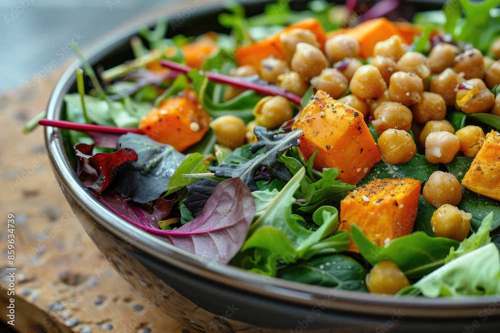 A vibrant and nutritious bowl of mixed greens with roasted sweet potatoes and chickpeas A vibrant and nutritious bowl of mixed greens with roasted sweet potatoes and chickpeas
