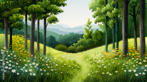 A serene summer meadow with blooming wildflowers and a winding trail, perfect for relaxation and reconnecting with nature photo
