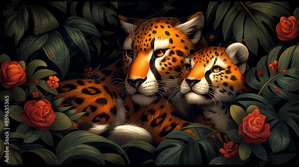 Illustration of an jaquar, leopard and her baby, father, mother and child, with tropical forest plants and flowers in the background. Illustration of an jaquar, leopard and her baby, father, mother and child, with tropical forest plants and flowers in the background.