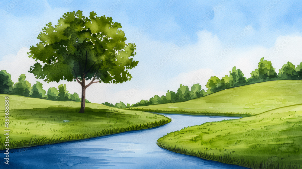 A serene watercolor landscape depicts a peaceful summer scene with a meandering river and a single tree A serene watercolor landscape depicts a peaceful summer scene with a meandering river and a single tree