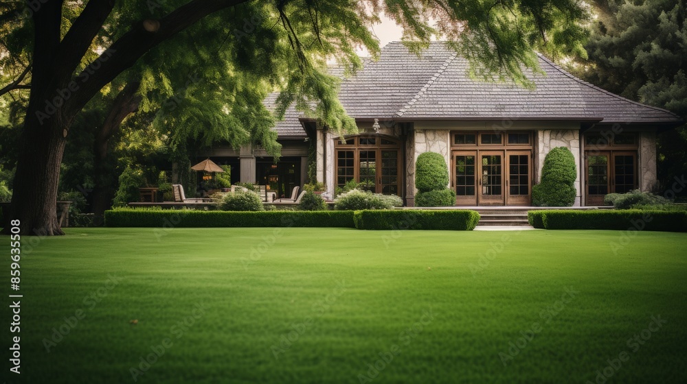 A view of a house with a large lawn and lush greenery A view of a house with a large lawn and lush greenery