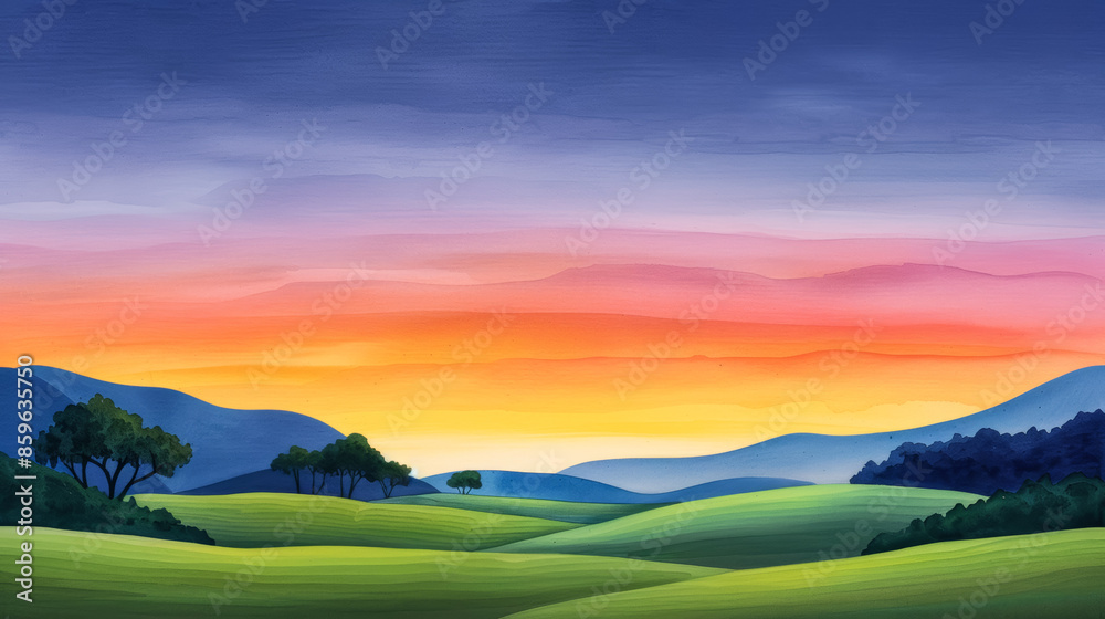 A serene landscape painting of rolling hills with a vibrant sunset sky, ideal for promoting relaxation and mindfulness A serene landscape painting of rolling hills with a vibrant sunset sky, ideal for promoting relaxation and mindfulness