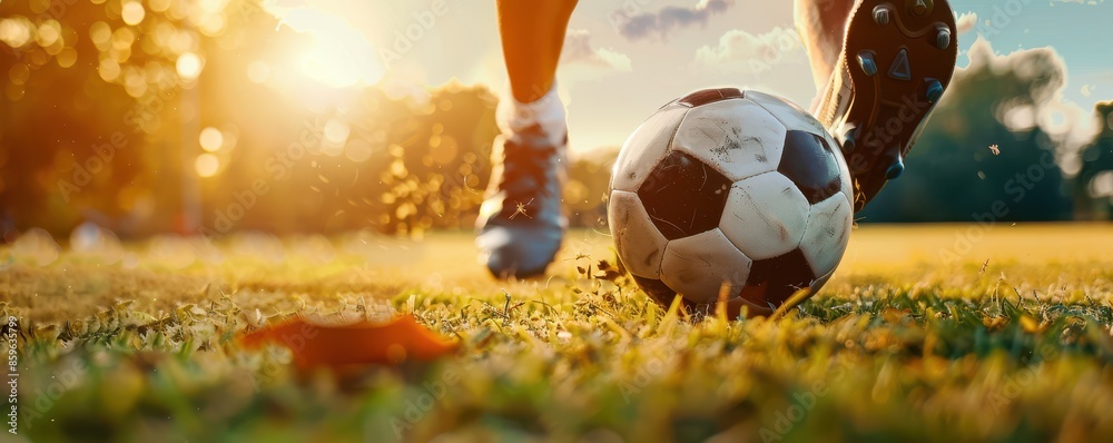 Close-up action shot of a footballer kicking a ball on a lush green field, symbolizing the passion and energy of the sport. Free Copy space for text. Close-up action shot of a footballer kicking a ball on a lush green field, symbolizing the passion and energy of the sport. Free Copy space for text.