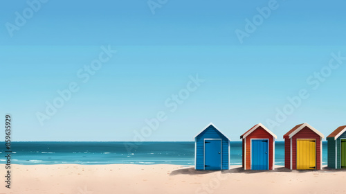 Colorful beach huts on a sunny shore, perfect for summer vacation and seaside relaxation concepts © fotogurmespb