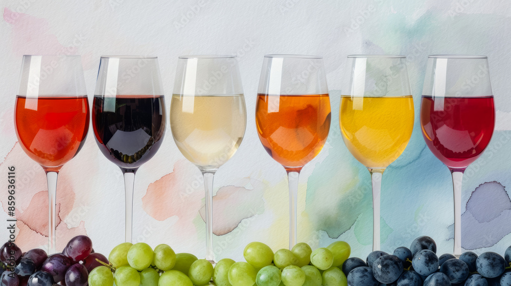 Six glasses of assorted wine varieties behind bunches of different colored grapes, ideal for celebrations and wine tasting events Six glasses of assorted wine varieties behind bunches of different colored grapes, ideal for celebrations and wine tasting events