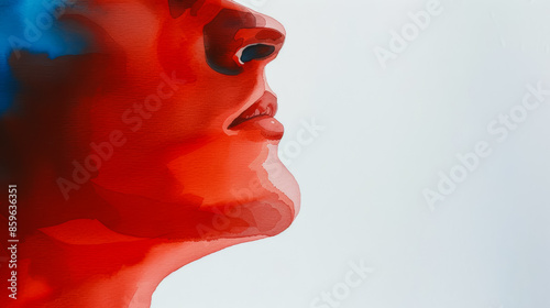 Abstract close-up painting of a person's profile, related to art and self-expression, featuring vibrant red hues © fotogurmespb
