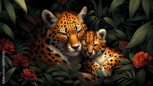 Illustration of an jaquar, leopard and her baby, father, mother and child, with tropical forest plants and flowers in the background. photo