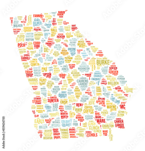 Georgia Word Cloud. State shape with county division. Georgia typography style image. County names tag clouds. Vector illustration.