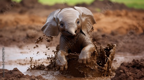 Adorable baby elephant playing in a mud hole. © Faisu
