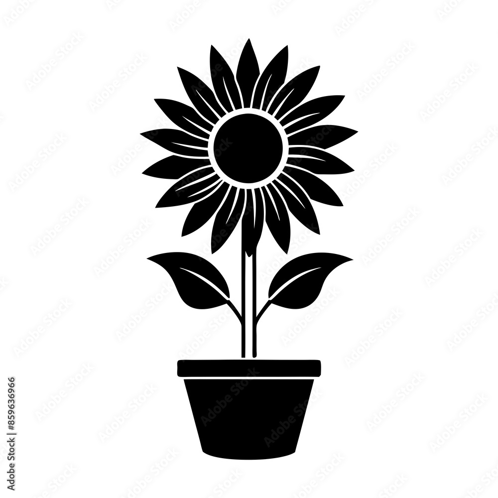 Obraz premium Vector silhouette outline of a sunflower in a flower tub.