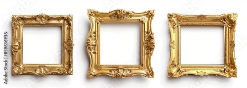 3 golden vintage frames on a white background, of different sizes and orientations, in the style of antique baroque, empty inside