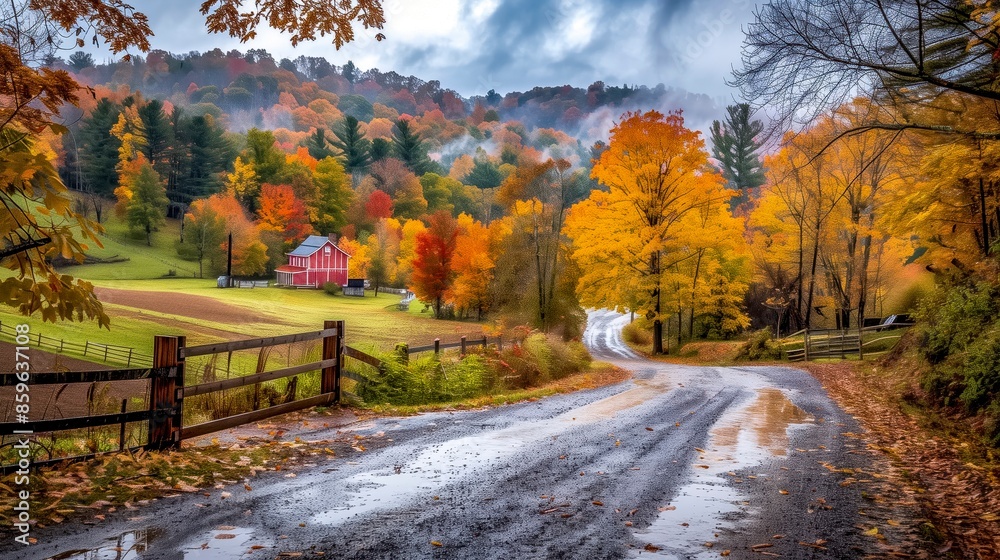 Scenic Country Road with Red Barn and Autumn Foliage Scenic Country Road with Red Barn and Autumn Foliage