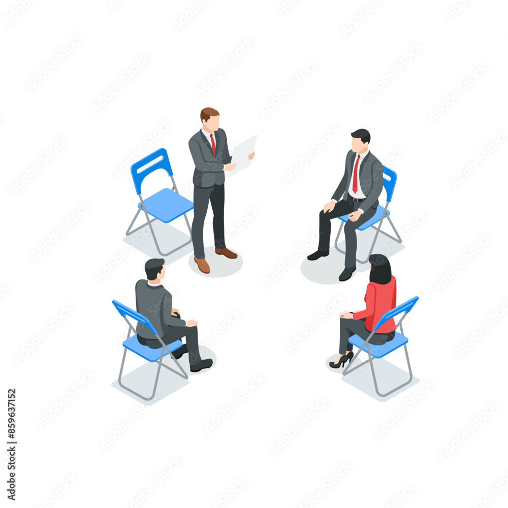 isometric vector business man reading a document to subordinates or colleagues sitting on chairs in a circle, in color on a white background, working relationship or meeting in the office isometric vector business man reading a document to subordinates or colleagues sitting on chairs in a circle, in color on a white background, working relationship or meeting in the office