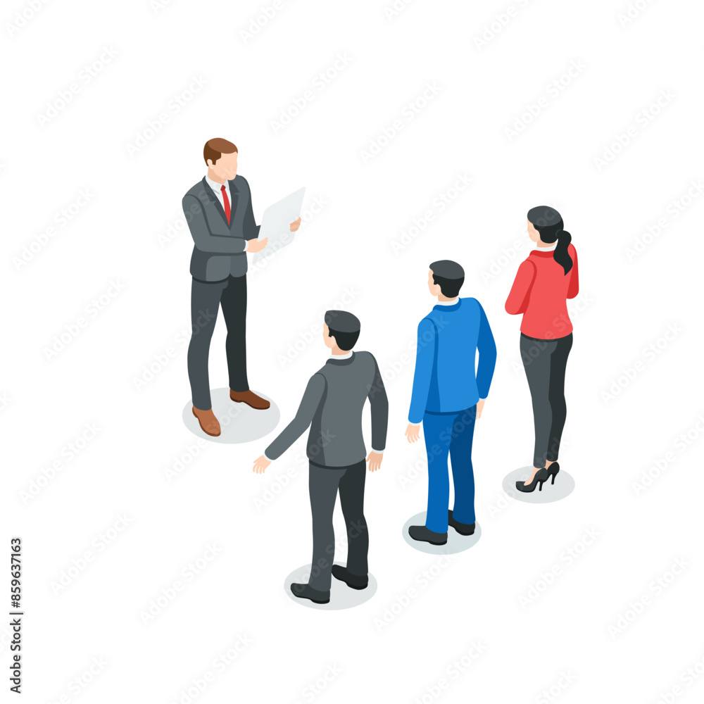 isometric vector business man reading a document in front of subordinates or colleagues, in color on a white background, working relationship or meeting in the office isometric vector business man reading a document in front of subordinates or colleagues, in color on a white background, working relationship or meeting in the office