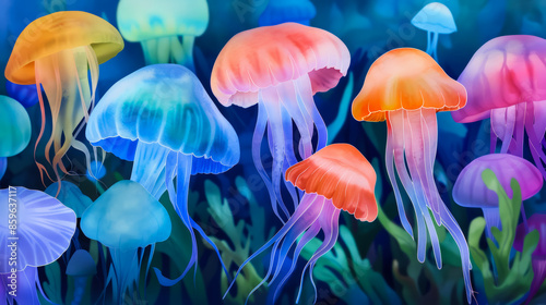 Colorful jellyfish swimming underwater, illustrating marine wildlife, biodiversity conservation, and ocean ecosystems