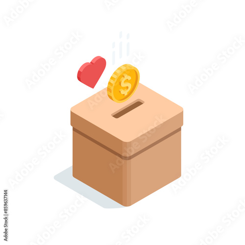 isometric vector cardboard box with a slot into which a coin and a heart falls, in color on a white background, donations or collection of financial assistance and charity