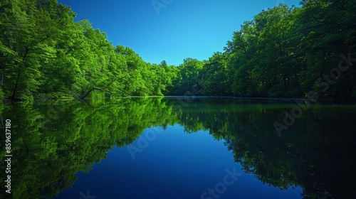 Forest Serenity: A neon photo portraying the serenity of a forest, with a tranquil lake