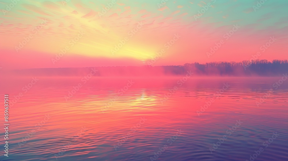 Fototapeta premium Lakes and Rivers Sunrise: A neon photo capturing the tranquil beauty of lakes or rivers at sunrise