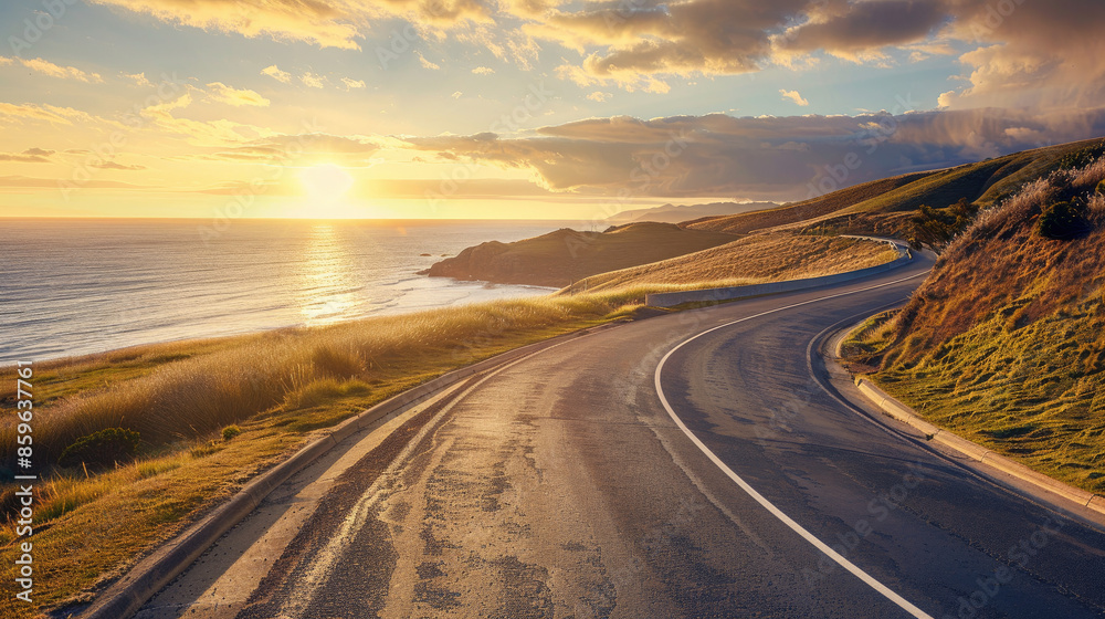 Fototapeta premium A winding road by the coast under a golden sunset, with grassy hills on both sides and the ocean stretching to the horizon.