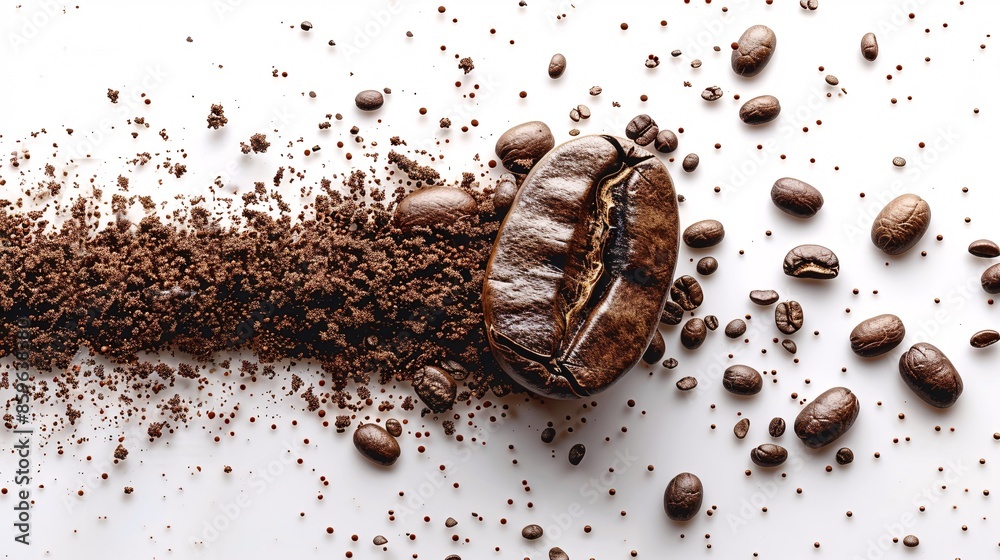 Close-up of Coffee Beans and Ground Coffee on White Background - High-Quality Stock Photo for Coffee Lovers and Cafes Close-up of Coffee Beans and Ground Coffee on White Background - High-Quality Stock Photo for Coffee Lovers and Cafes