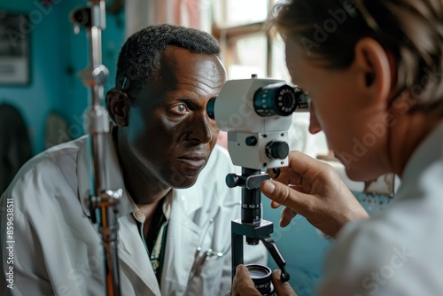 A doctor looking into a patient's eye with an ophthalmoscope photo