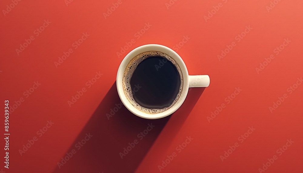 Minimalist Overhead Shot of a Coffee Cup on a Red Background with Long Shadow Minimalist Overhead Shot of a Coffee Cup on a Red Background with Long Shadow