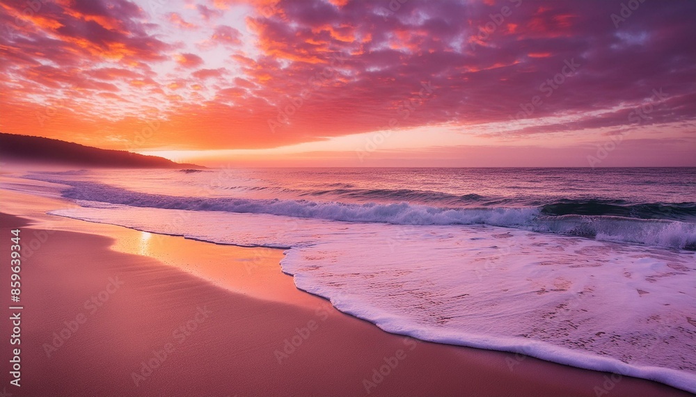 A tranquil beach scene at sunrise, with gentle waves lapping the shore and the sky painted in soft hues of pink, orange, and purple. A tranquil beach scene at sunrise, with gentle waves lapping the shore and the sky painted in soft hues of pink, orange, and purple.