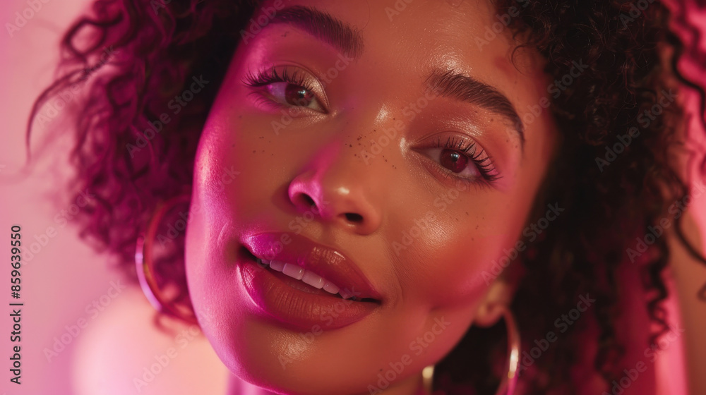 Close-up of a woman with curly hair and hoop earrings, softly smiling under a pink light, creating a vibrant and warm atmosphere. Close-up of a woman with curly hair and hoop earrings, softly smiling under a pink light, creating a vibrant and warm atmosphere.