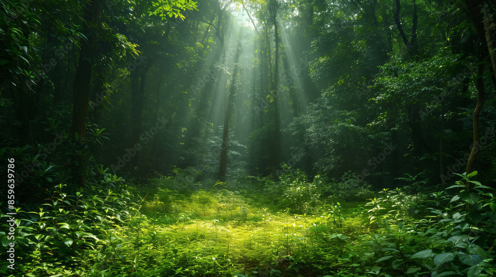 Obraz premium Rays of the sun breaking through the foliage of a beautiful forest. Beautiful background of nature