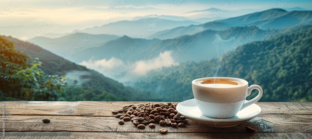 Cup of coffee on the mountain background, banner Cup of coffee on the mountain background, banner