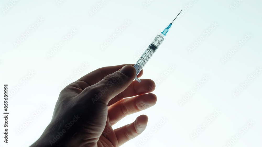 Human hand holding syringe, white background. Human hand holding syringe, white background.