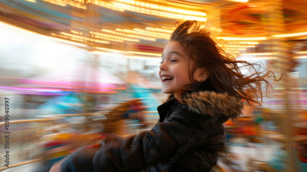 A young girl laughs and enjoys the ride on a spinning carousel A young girl laughs and enjoys the ride on a spinning carousel