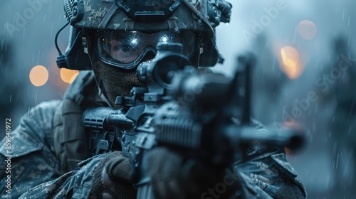 A soldier in tactical gear aims his rifle intensely in the rain during an active battlefield scenario, exemplifying focus and resolve in adverse combat conditions.