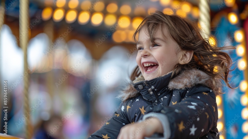A young girl smiles brightly while riding a carousel