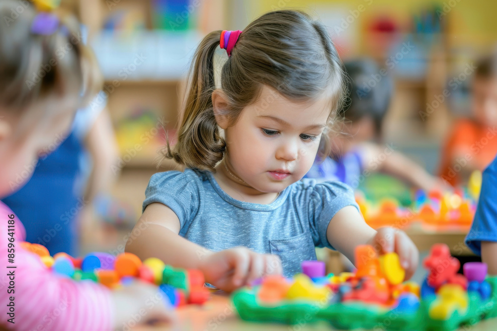 Young girl playing with colorful interlocking toys in a classroom setting, engaging in early childhood education and creative development activities. Young girl playing with colorful interlocking toys in a classroom setting, engaging in early childhood education and creative development activities.