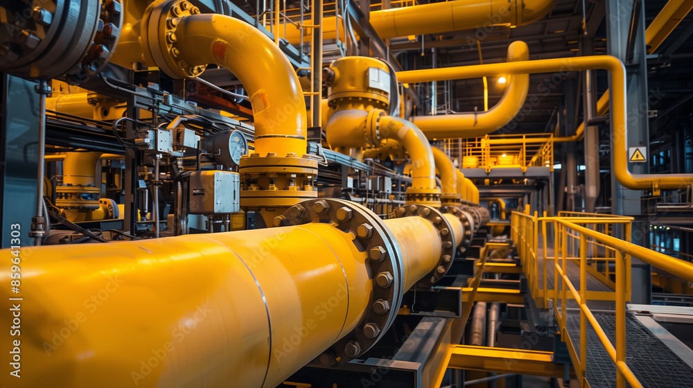 A well-organized industrial facility with large, yellow machinery and piping systems, likely part of a power generation or mechanical plant A well-organized industrial facility with large, yellow machinery and piping systems, likely part of a power generation or mechanical plant