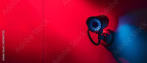 Security camera in red and blue light, dark background, high contrast